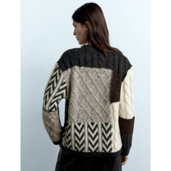 Zara Patchwork Cardigan Sweater Womens Size S Brown Ivory Oversized Chunky - Picture 6 of 14